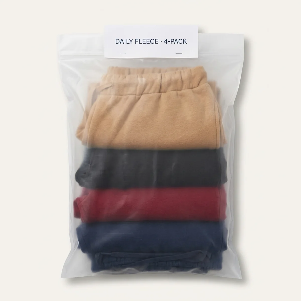 The Daily Fleece 4-Pack: camel, black, burgundy and navy joggers folded in one bag