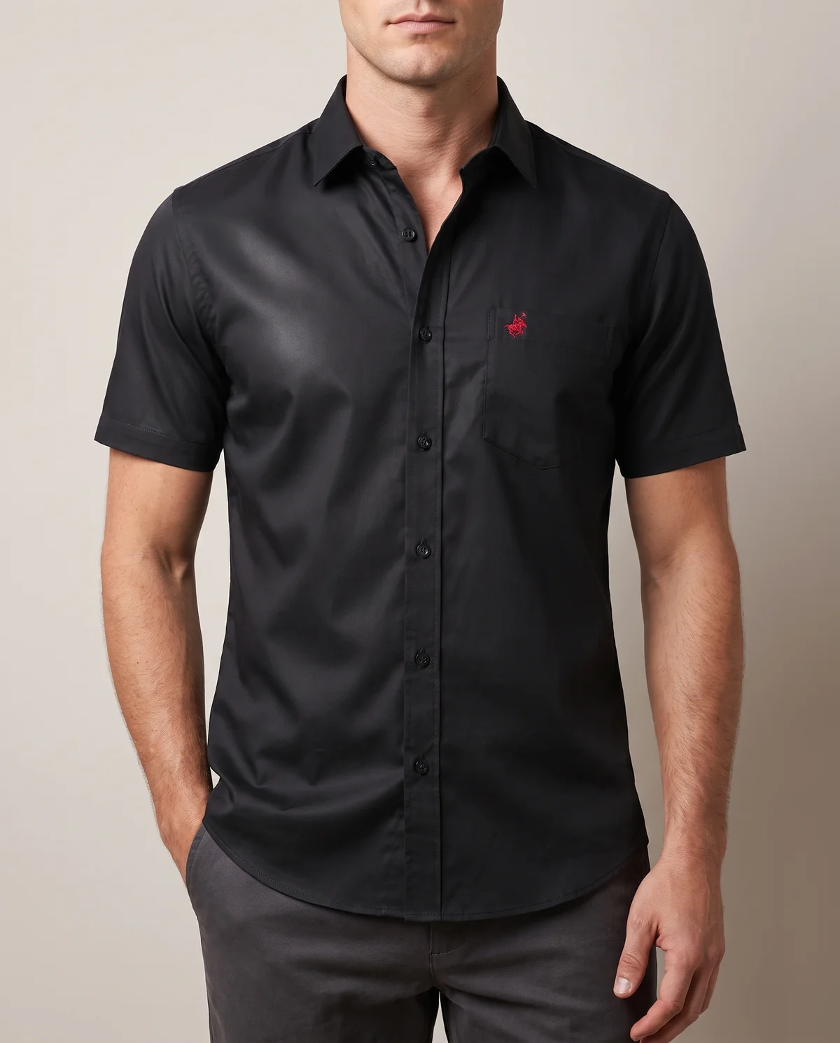 Short-Sleeve Button-Down in Black, worn