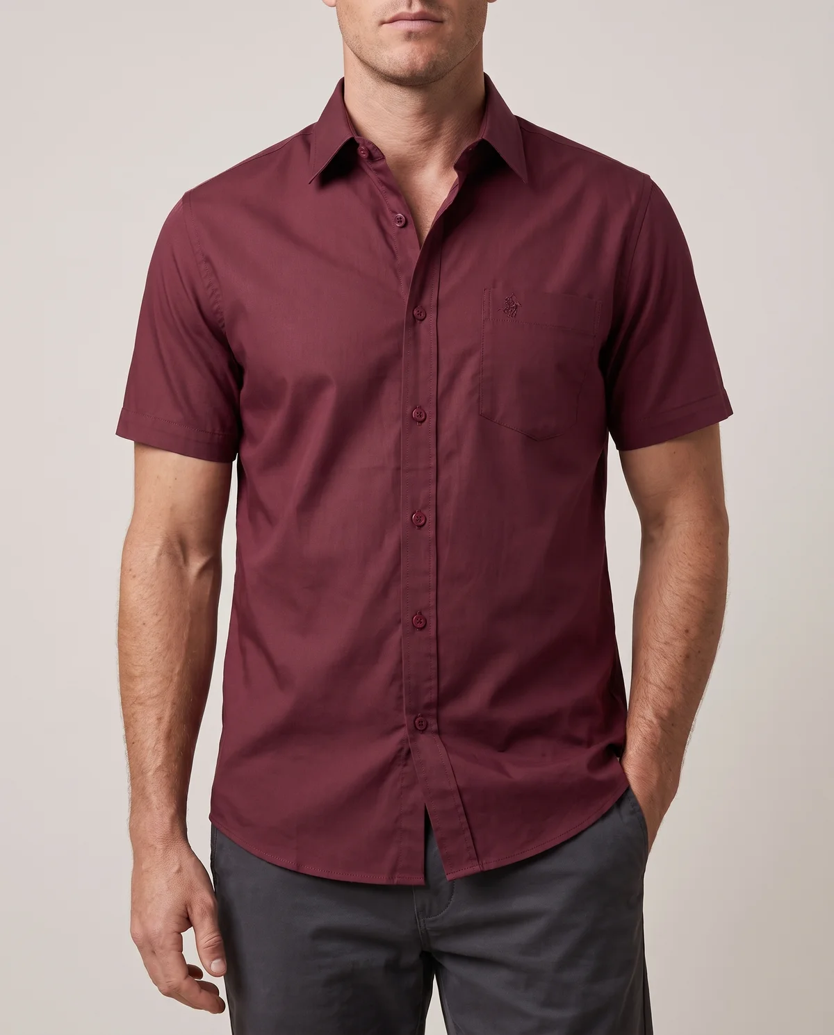 Short-Sleeve Button-Down in Burgundy, worn