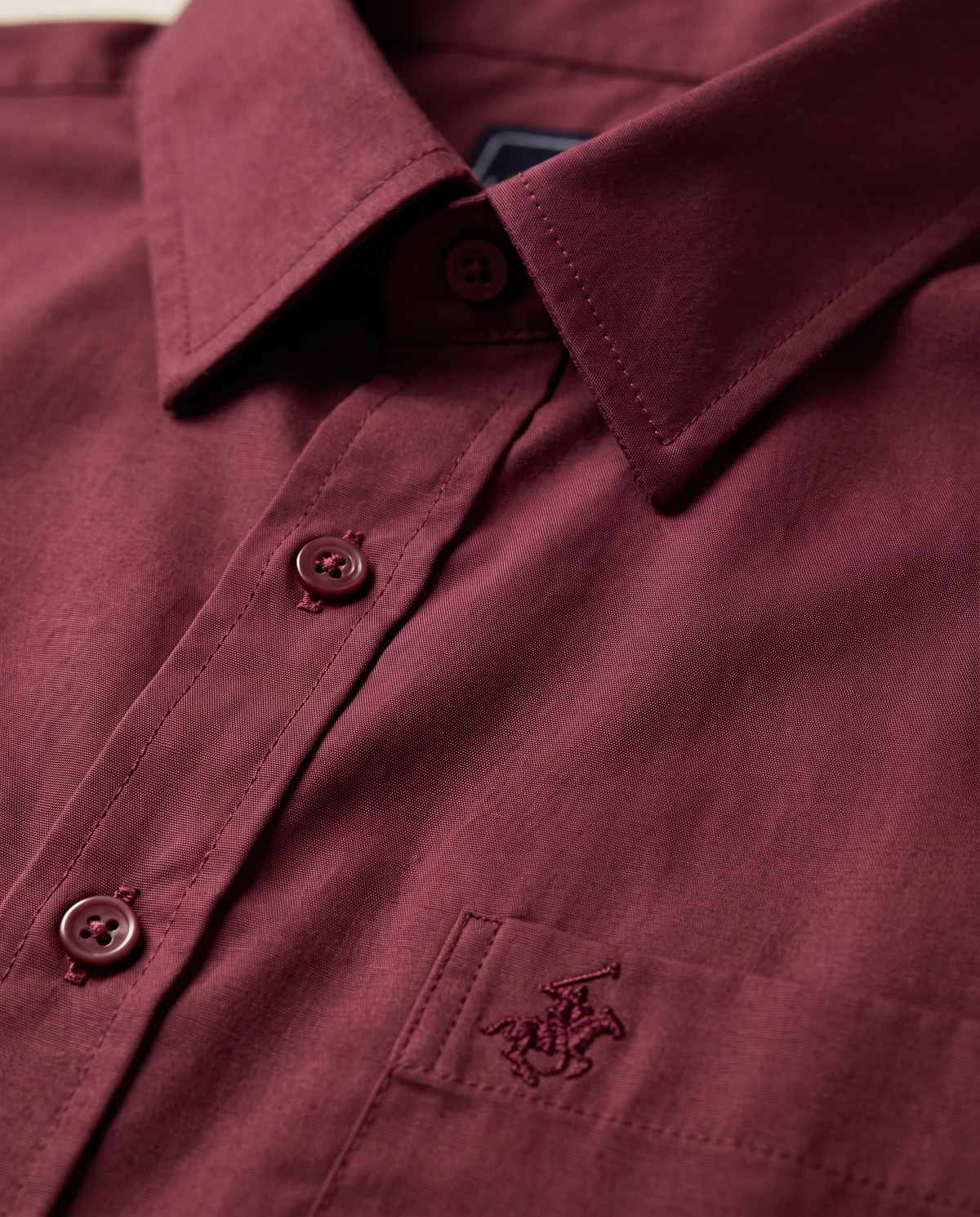 Short-Sleeve Button-Down in Burgundy, fabric and stitching detail