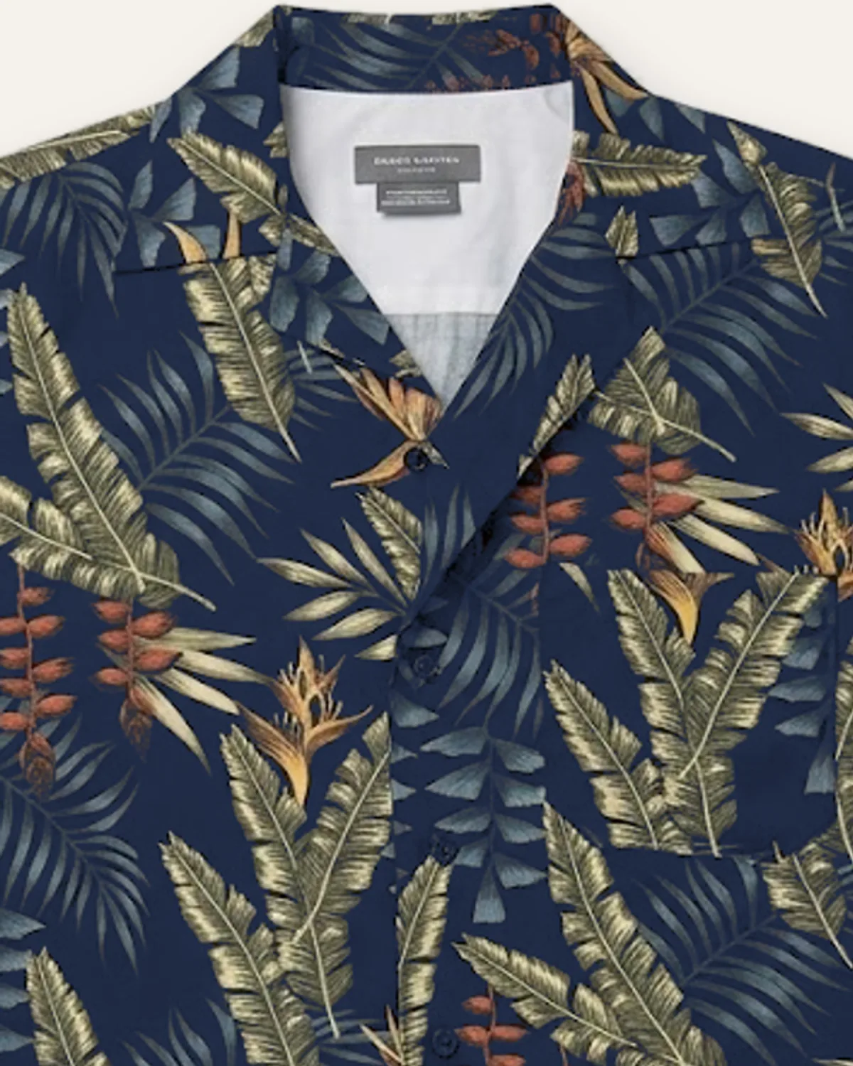 Camp Collar Shirt in Navy Palm, laid flat, detail