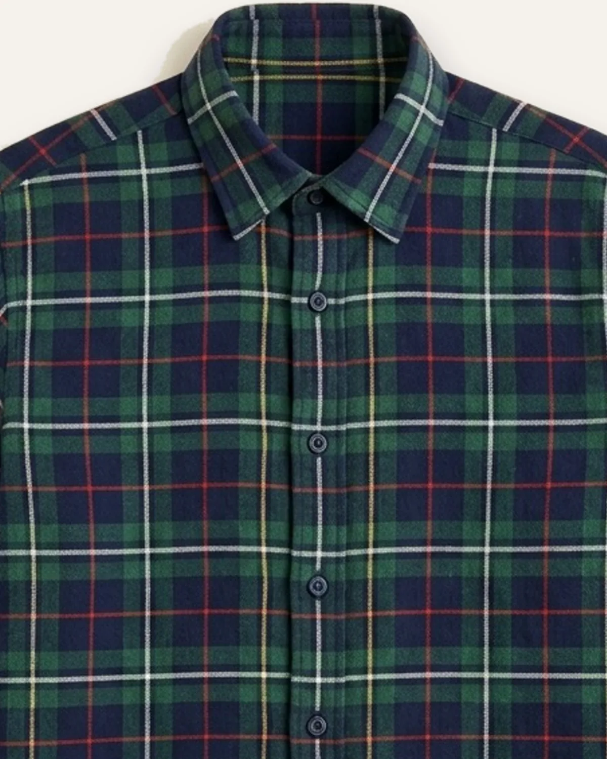 Flannel LS Shirt in Pine Navy, laid flat, detail