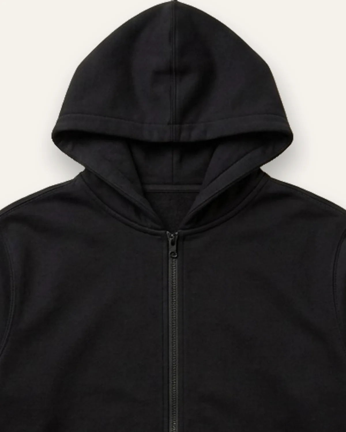 Full-Zip Fleece Hoodie in Black, laid flat, detail