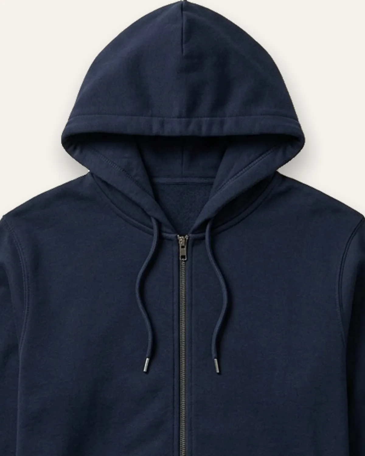 Full-Zip Fleece Hoodie in Navy, laid flat, detail