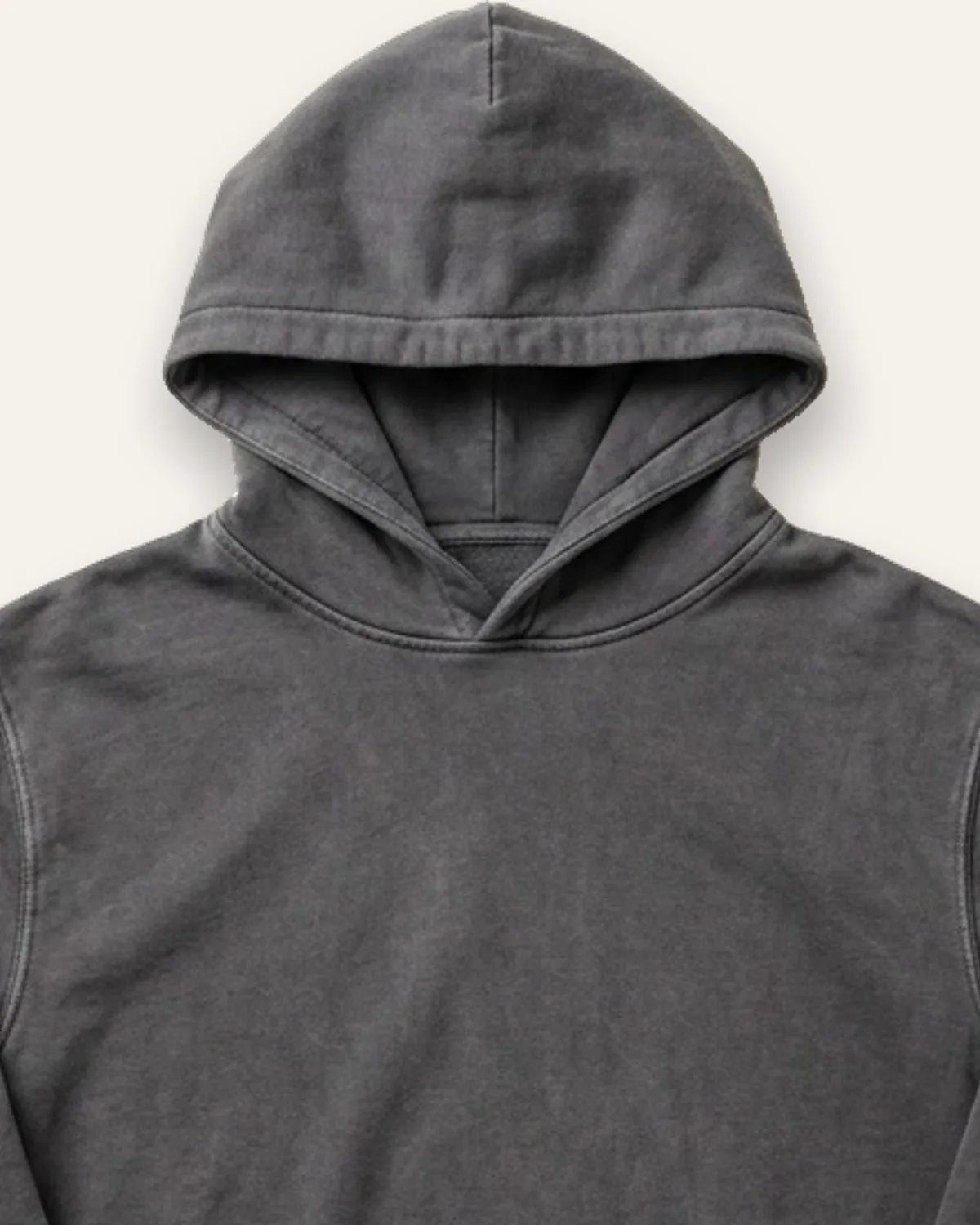 Garment-Dyed Hoodie in Charcoal, laid flat, detail