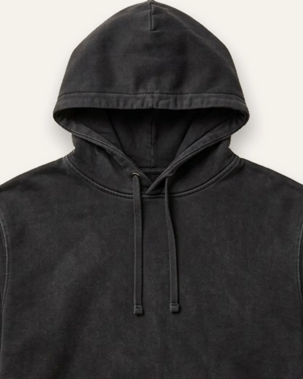 Garment-Dyed Hoodie in Faded Black, laid flat, detail