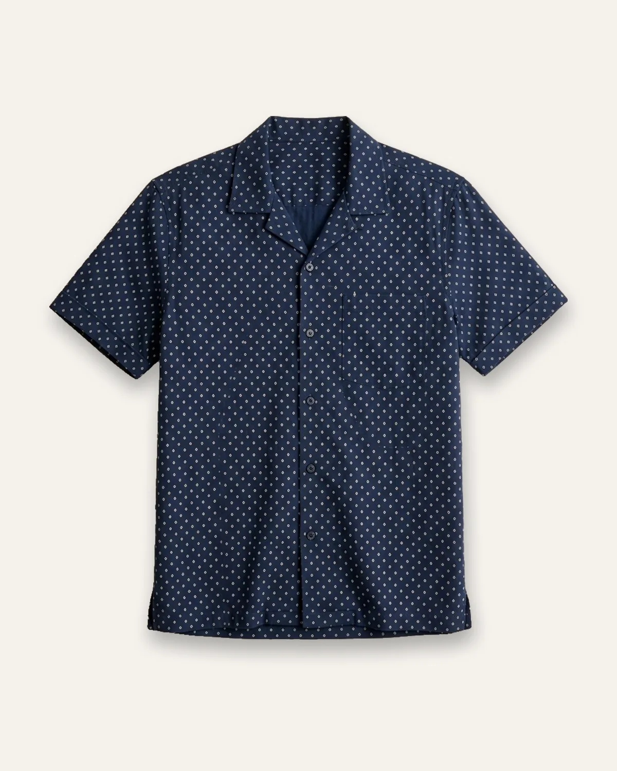 Geo Print Camp Shirt in Navy Geo, laid flat