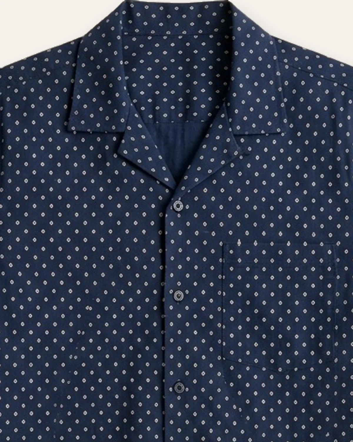 Geo Print Camp Shirt in Navy Geo, laid flat, detail
