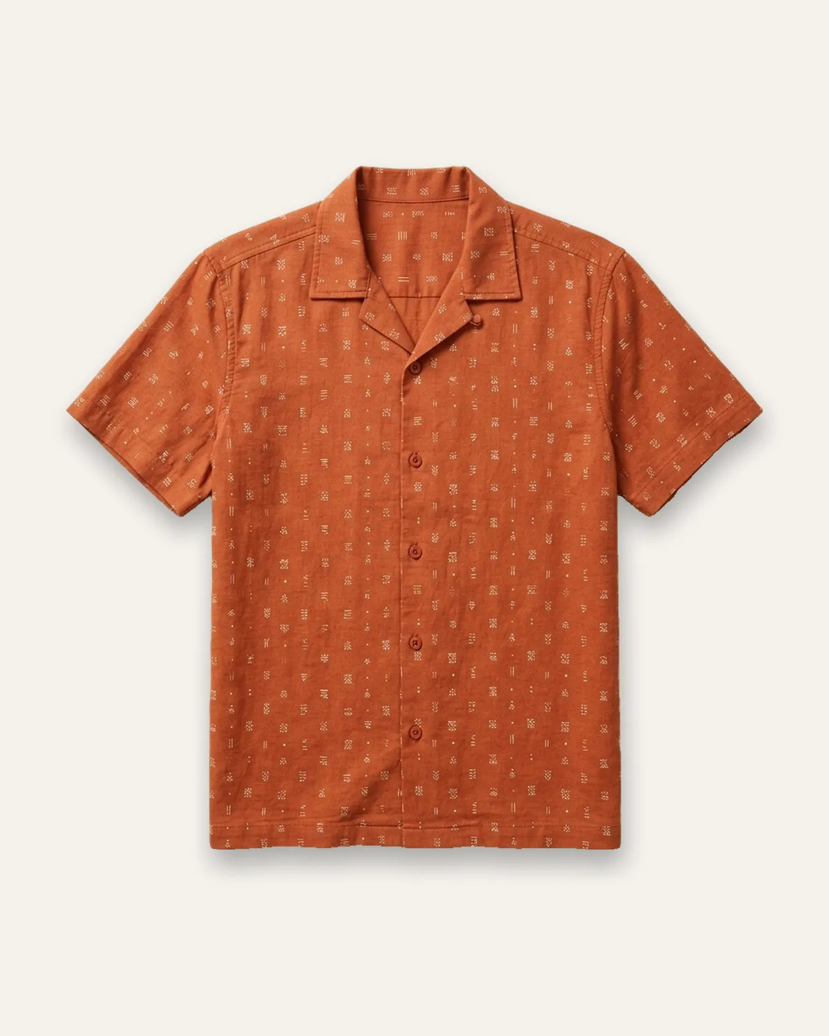 Geo Print Camp Shirt in Rust Geo, laid flat