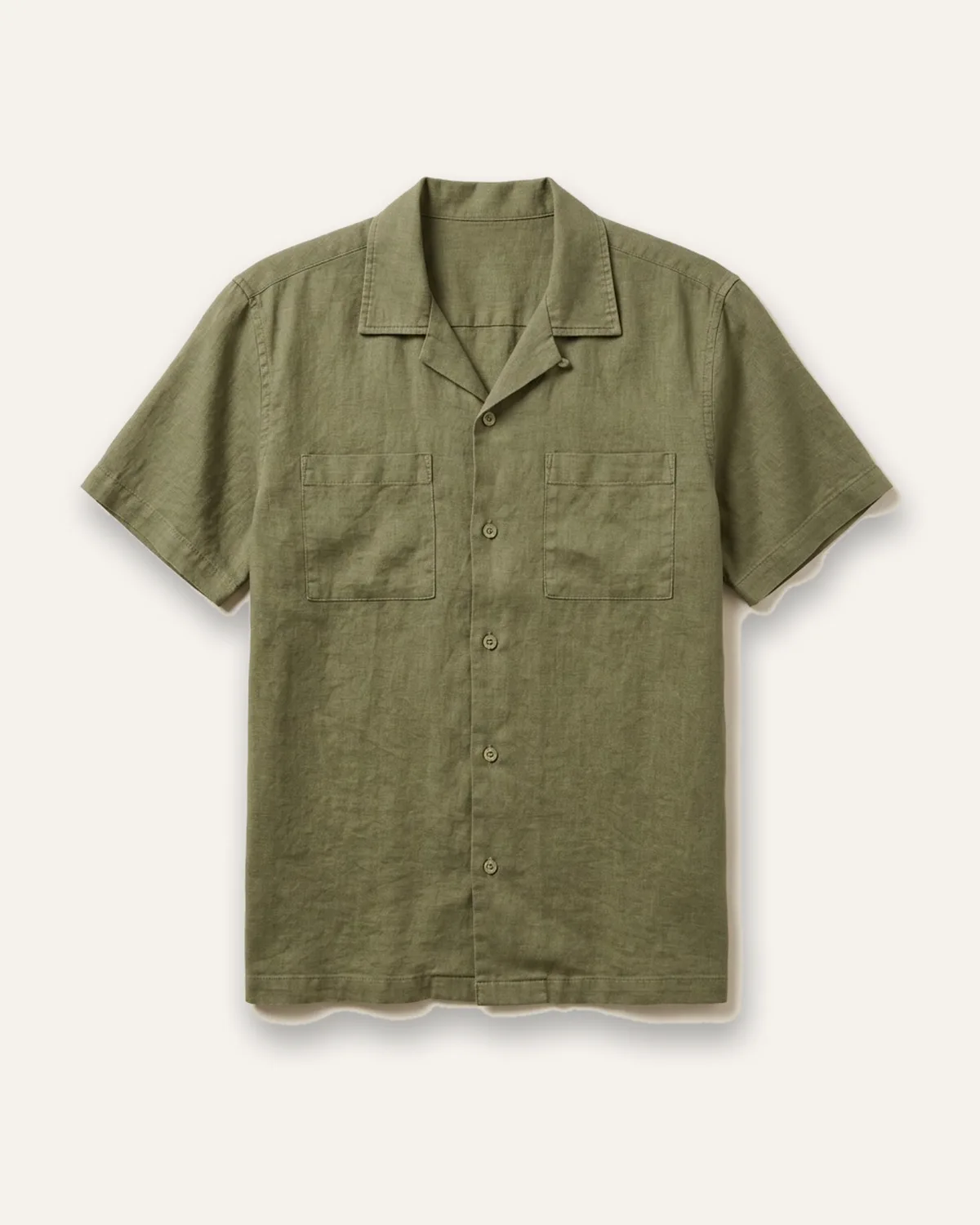 Linen Camp Shirt in Olive, laid flat