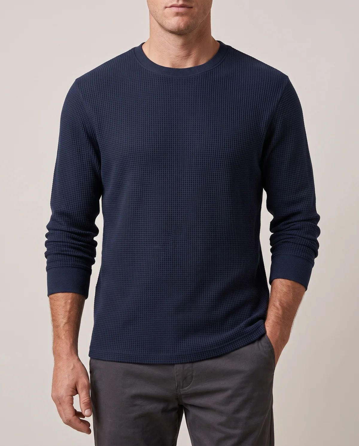 Waffle Thermal in Navy, worn