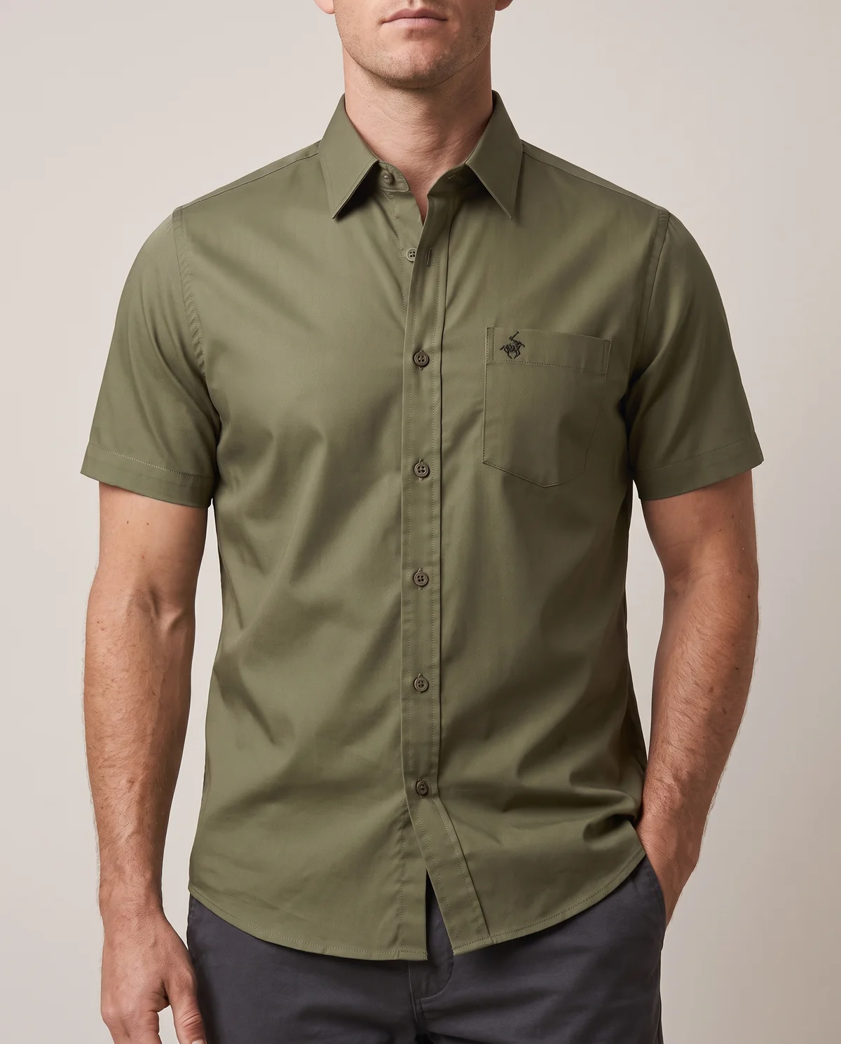 Short-Sleeve Button-Down in Olive, worn