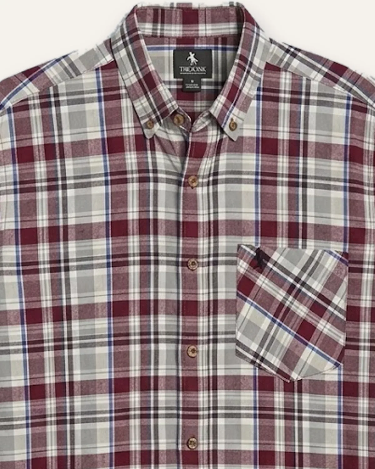 Plaid SS Shirt in Bordeaux, laid flat, detail