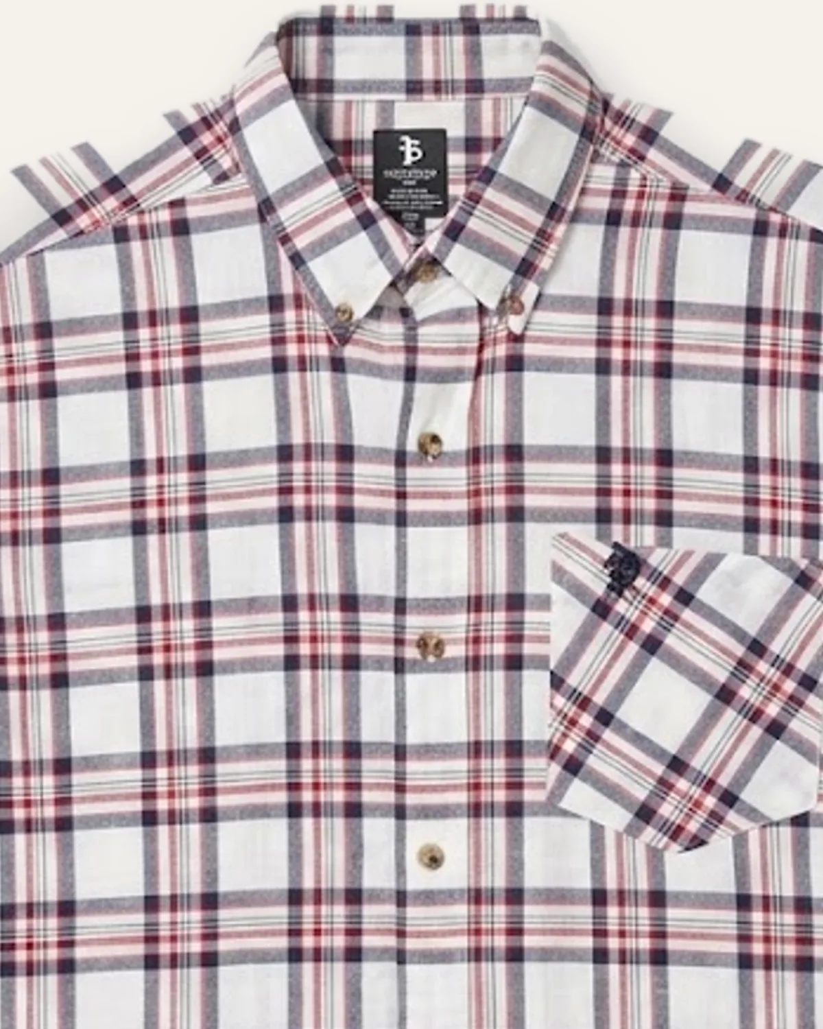 Plaid SS Shirt in Chalk Red, laid flat, detail