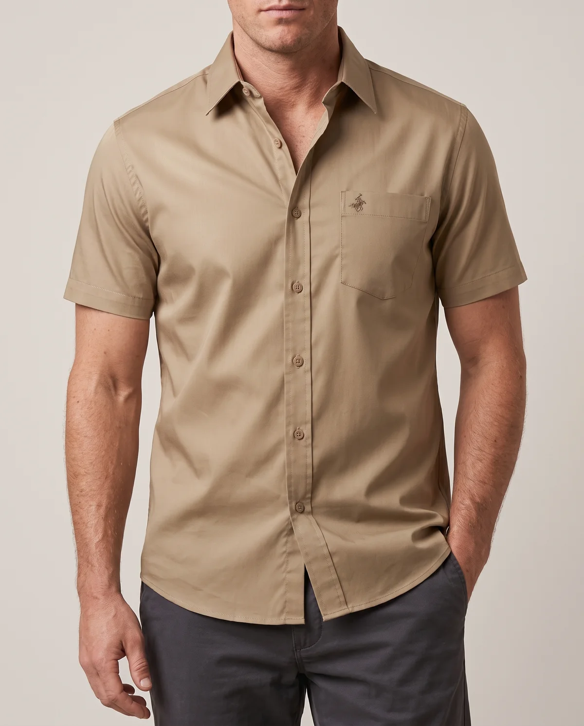 Short-Sleeve Button-Down in Tan, worn